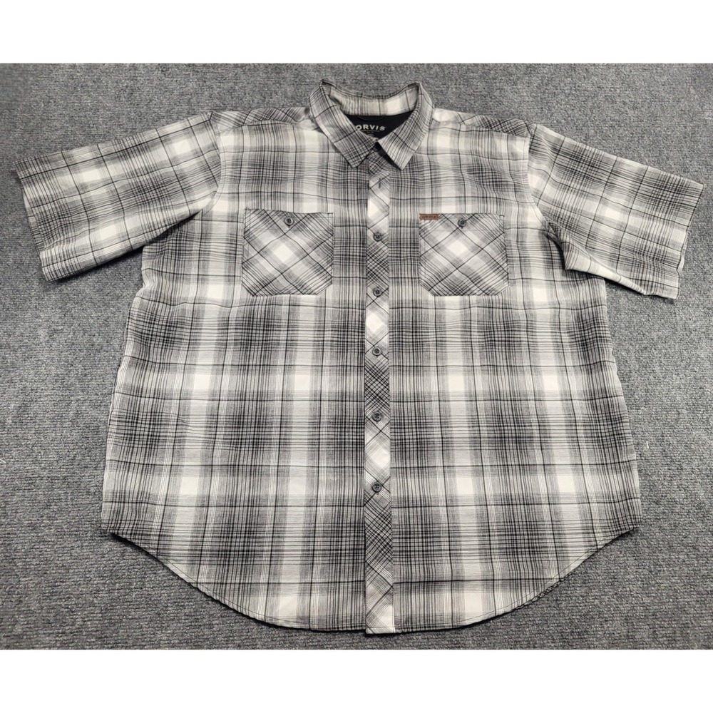 Orvis Men's XX-Large Regular Button Up Shirt Black Gray Short Sleeve Polyester